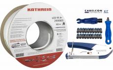 Kathrein LCD 111 A+ Antennenkabel 100m mit 20x Cabelcon F-Stecker und Profi Werkzeug Set 