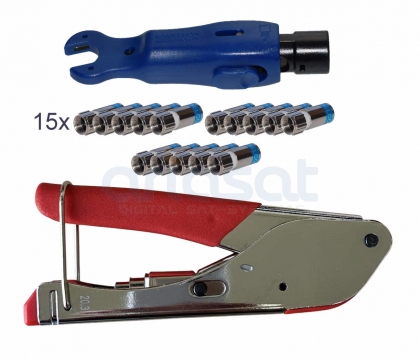 Profi F-Stecker Paket mit 15x Cabelcon Steckern, Abisoliergerät und Kompressionszange