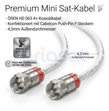 Mini coaxial satellite cable Ören HD 063 A+ with Push-Pin Cabelcon F-connector assembled by the metre